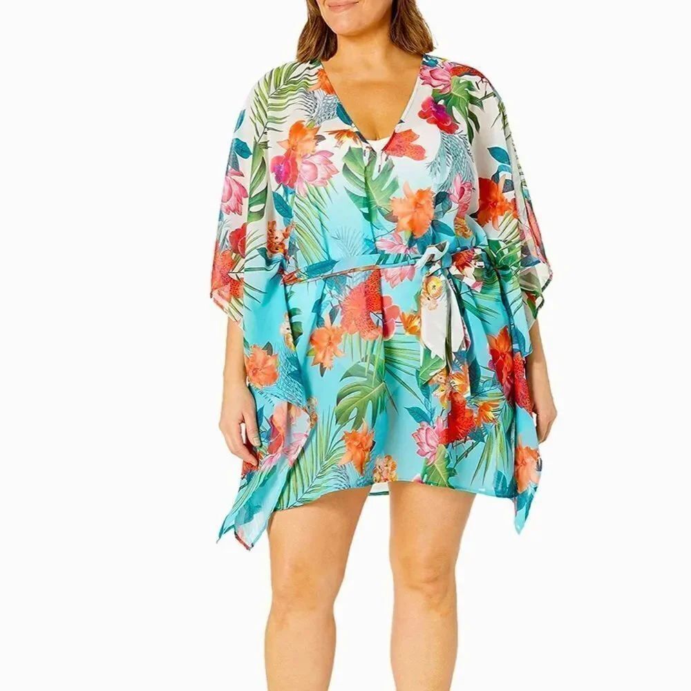 LA BLANCA 2X Teal White Tropical Lily Floral Swim Cover Up